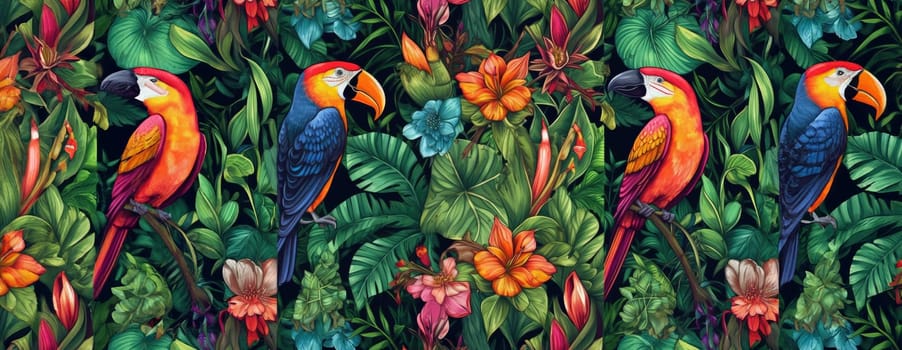 Tropical exotic pattern with animal and flowers in bright colors and lush vegetation. Ai Generative