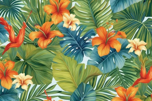 Tropical exotic pattern with animal and flowers in bright colors and lush vegetation. Ai Generative