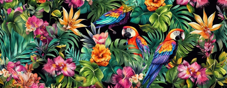 Tropical exotic pattern with animal and flowers in bright colors and lush vegetation. Ai Generative