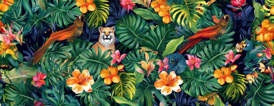 Tropical exotic pattern with animal and flowers in bright colors and lush vegetation. Ai Generative