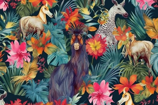 Tropical exotic pattern with animal and flowers in bright colors and lush vegetation. Ai Generative