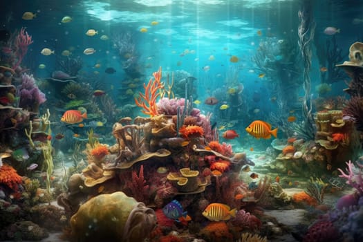 Tropical sea underwater fishes on coral reef. Aquarium oceanarium wildlife colorful marine panorama landscape nature snorkel diving. AI Generative