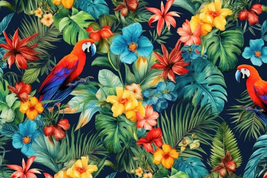 Tropical exotic pattern with animal and flowers in bright colors and lush vegetation. Ai Generative