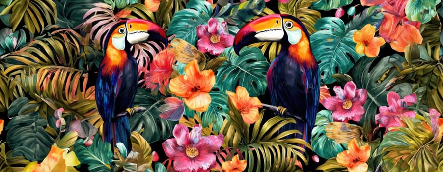 Tropical exotic pattern with animal and flowers in bright colors and lush vegetation. Ai Generative