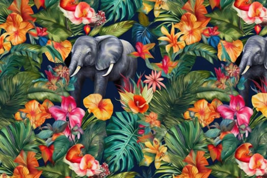 Tropical exotic pattern with animal and flowers in bright colors and lush vegetation. Ai Generative