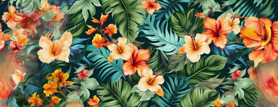 Tropical exotic pattern with animal and flowers in bright colors and lush vegetation. Ai Generative