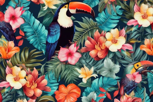 Tropical exotic pattern with animal and flowers in bright colors and lush vegetation. Ai Generative