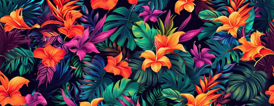 Tropical exotic pattern with animal and flowers in bright colors and lush vegetation. Ai Generative