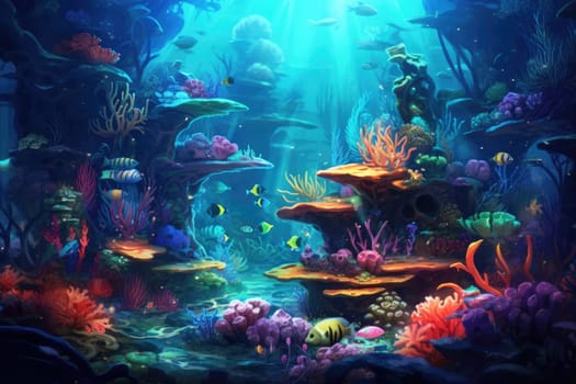 Tropical sea underwater fishes on coral reef. Aquarium oceanarium wildlife colorful marine panorama landscape nature snorkel diving. AI Generative