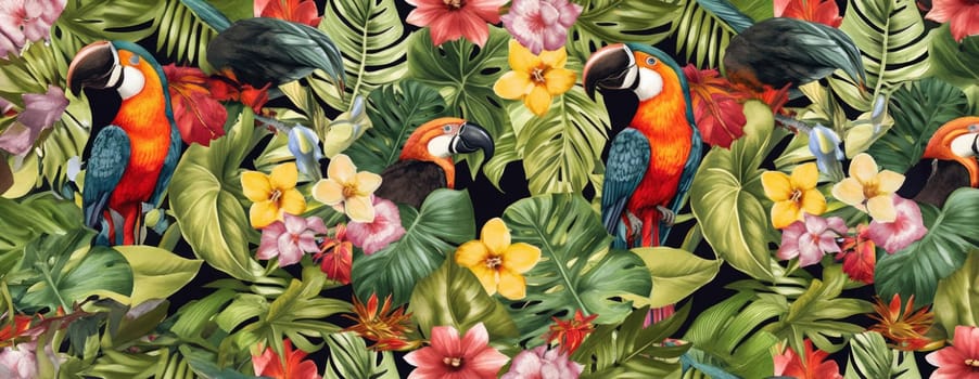 Tropical exotic pattern with animal and flowers in bright colors and lush vegetation. Ai Generative