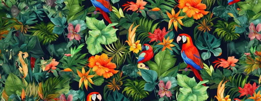 Tropical exotic pattern with animal and flowers in bright colors and lush vegetation. Ai Generative