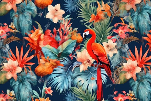 Tropical exotic pattern with animal and flowers in bright colors and lush vegetation. Ai Generative