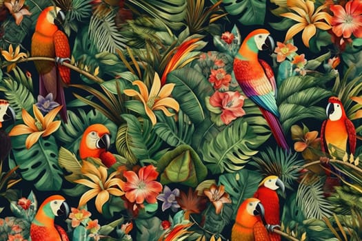 Tropical exotic pattern with animal and flowers in bright colors and lush vegetation. Ai Generative