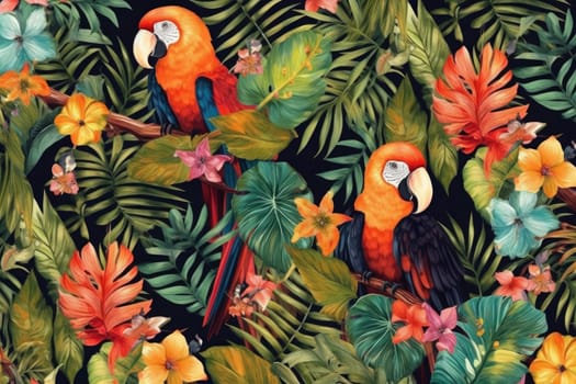 Tropical exotic pattern with animal and flowers in bright colors and lush vegetation. Ai Generative