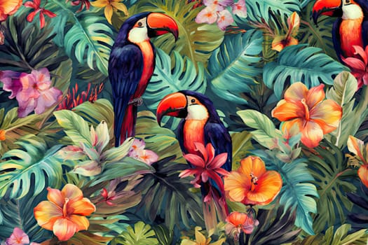 Tropical exotic pattern with animal and flowers in bright colors and lush vegetation. Ai Generative