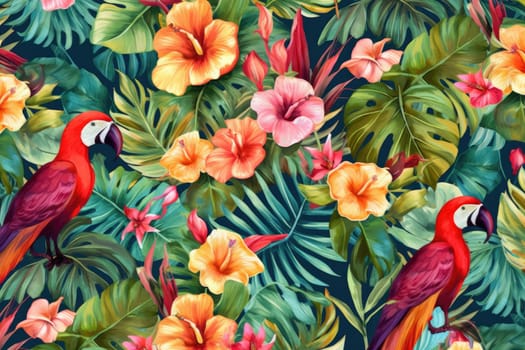 Tropical exotic pattern with animal and flowers in bright colors and lush vegetation. Ai Generative