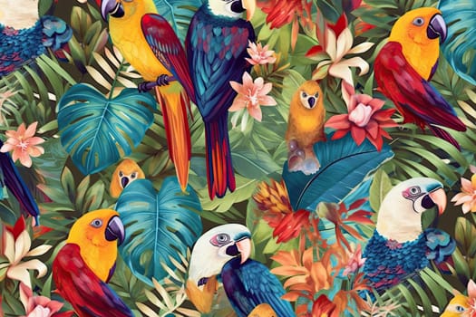 Tropical exotic pattern with animal and flowers in bright colors and lush vegetation. Ai Generative