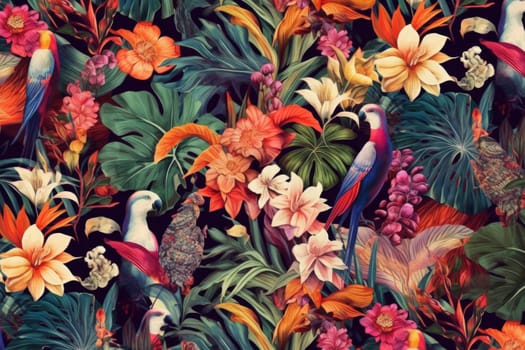 Tropical exotic pattern with animal and flowers in bright colors and lush vegetation. Ai Generative