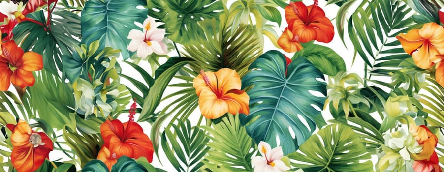 Tropical exotic pattern with animal and flowers in bright colors and lush vegetation. Ai Generative