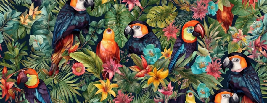 Tropical exotic pattern with animal and flowers in bright colors and lush vegetation. Ai Generative