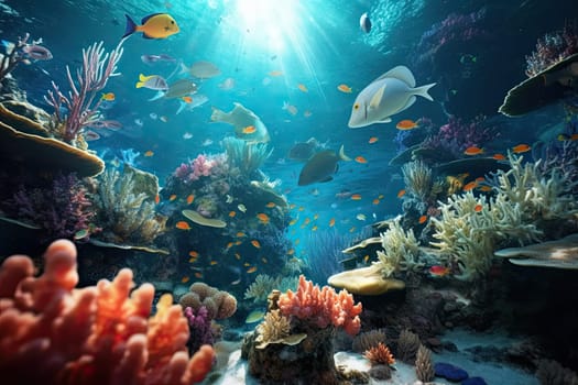 Tropical sea underwater fishes on coral reef. Aquarium oceanarium wildlife colorful marine panorama landscape nature snorkel diving. AI Generative