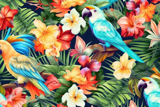 Tropical exotic pattern with animal and flowers in bright colors and lush vegetation. Ai Generative