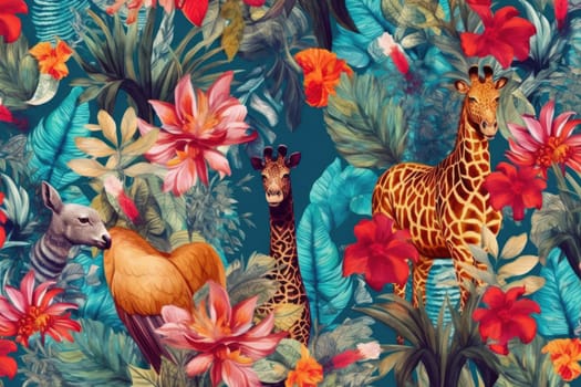 Tropical exotic pattern with animal and flowers in bright colors and lush vegetation. Ai Generative