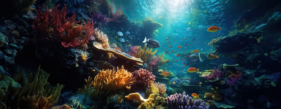 Tropical sea underwater fishes on coral reef. Aquarium oceanarium wildlife colorful marine panorama landscape nature snorkel diving. AI Generative