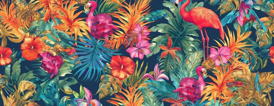 Tropical exotic pattern with animal and flowers in bright colors and lush vegetation. Ai Generative