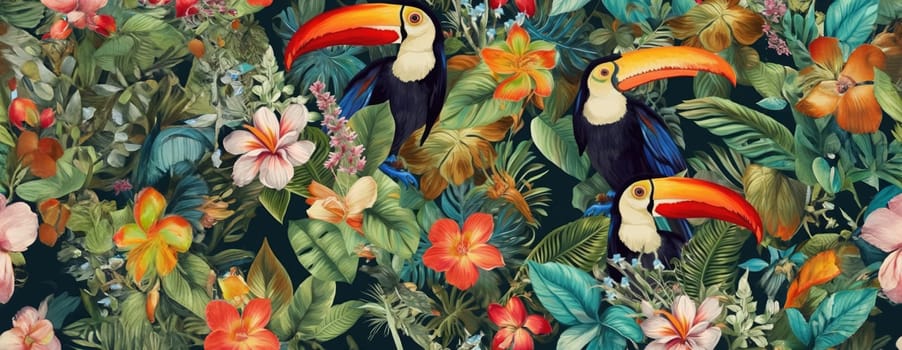 Tropical exotic pattern with animal and flowers in bright colors and lush vegetation. Ai Generative