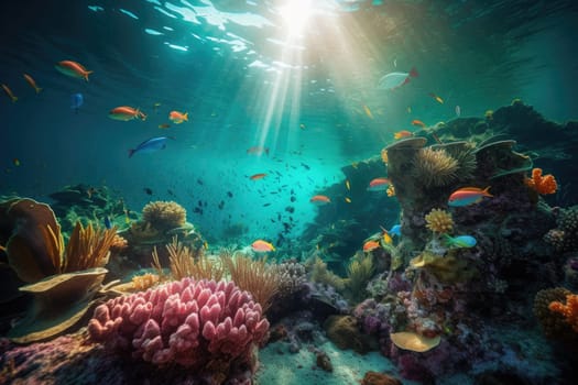 Tropical sea underwater fishes on coral reef. Aquarium oceanarium wildlife colorful marine panorama landscape nature snorkel diving. AI Generative