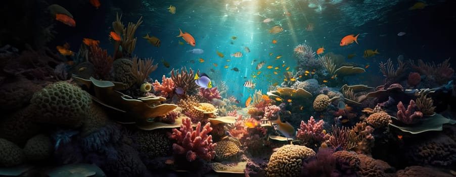 Tropical sea underwater fishes on coral reef. Aquarium oceanarium wildlife colorful marine panorama landscape nature snorkel diving. AI Generative