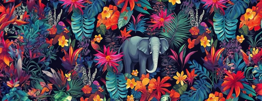 Tropical exotic pattern with animal and flowers in bright colors and lush vegetation. Ai Generative