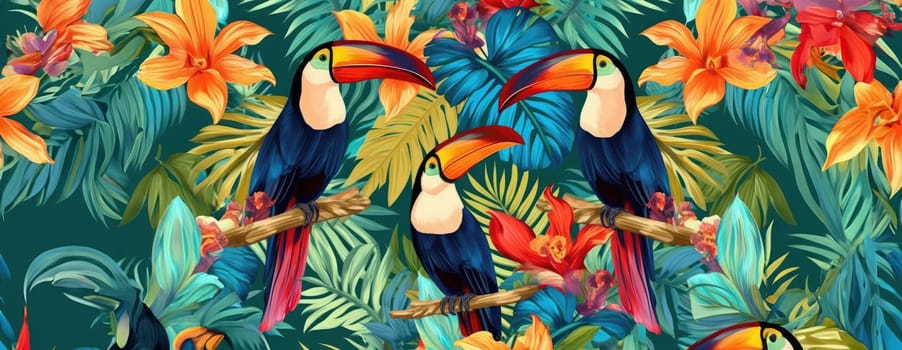 Tropical exotic pattern with animal and flowers in bright colors and lush vegetation. Ai Generative