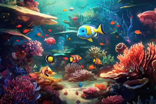 Tropical sea underwater fishes on coral reef. Aquarium oceanarium wildlife colorful marine panorama landscape nature snorkel diving. AI Generative