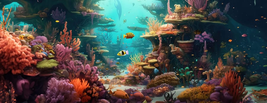 Tropical sea underwater fishes on coral reef. Aquarium oceanarium wildlife colorful marine panorama landscape nature snorkel diving. AI Generative