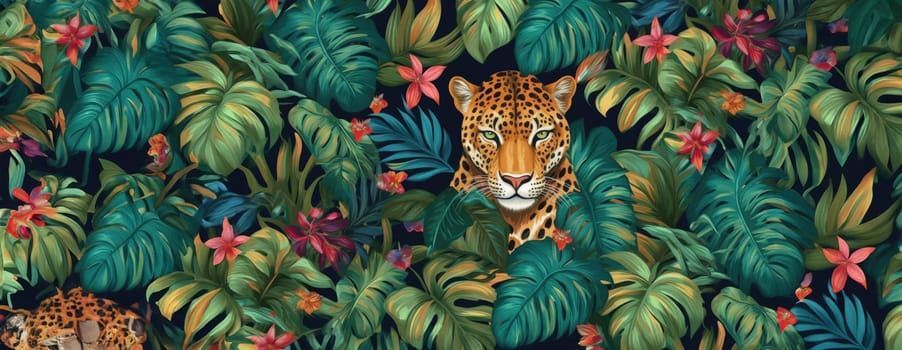 Tropical exotic pattern with animal and flowers in bright colors and lush vegetation. Ai Generative