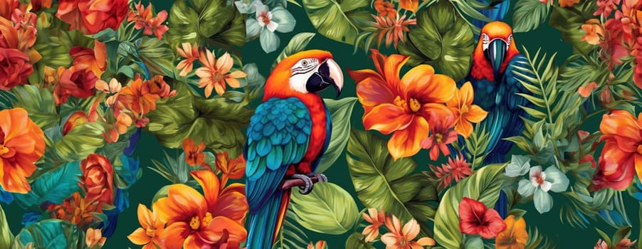 Tropical exotic pattern with animal and flowers in bright colors and lush vegetation. Ai Generative