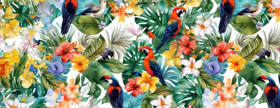 Tropical exotic pattern with animal and flowers in bright colors and lush vegetation. Ai Generative