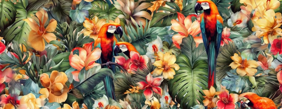 Tropical exotic pattern with animal and flowers in bright colors and lush vegetation. Ai Generative