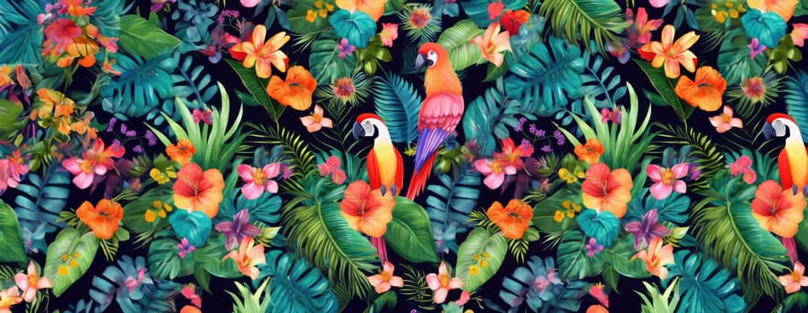 Tropical exotic pattern with animal and flowers in bright colors and lush vegetation. Ai Generative