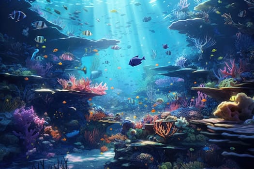 Tropical sea underwater fishes on coral reef. Aquarium oceanarium wildlife colorful marine panorama landscape nature snorkel diving. AI Generative