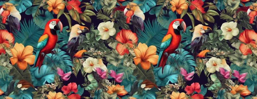 Tropical exotic pattern with animal and flowers in bright colors and lush vegetation. Ai Generative