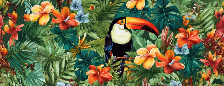 Tropical exotic pattern with animal and flowers in bright colors and lush vegetation. Ai Generative