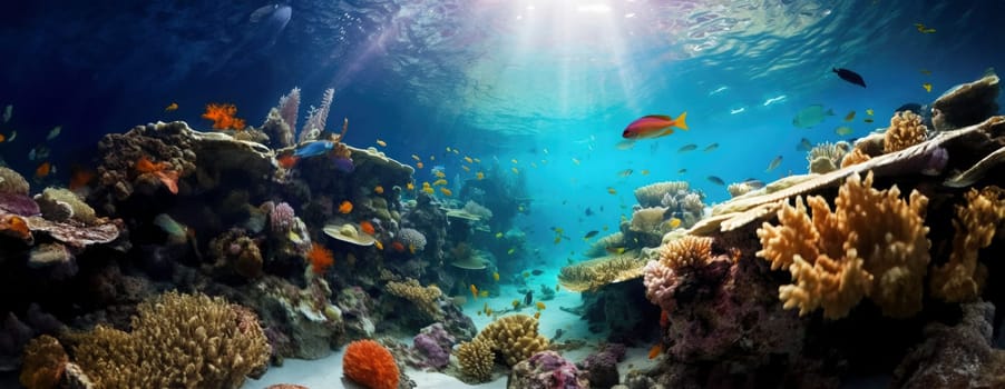 Tropical sea underwater fishes on coral reef. Aquarium oceanarium wildlife colorful marine panorama landscape nature snorkel diving. AI Generative