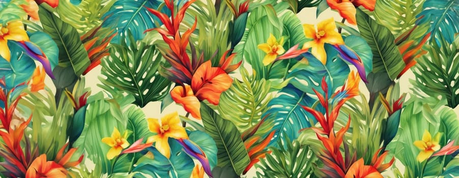 Tropical exotic pattern with animal and flowers in bright colors and lush vegetation. Ai Generative