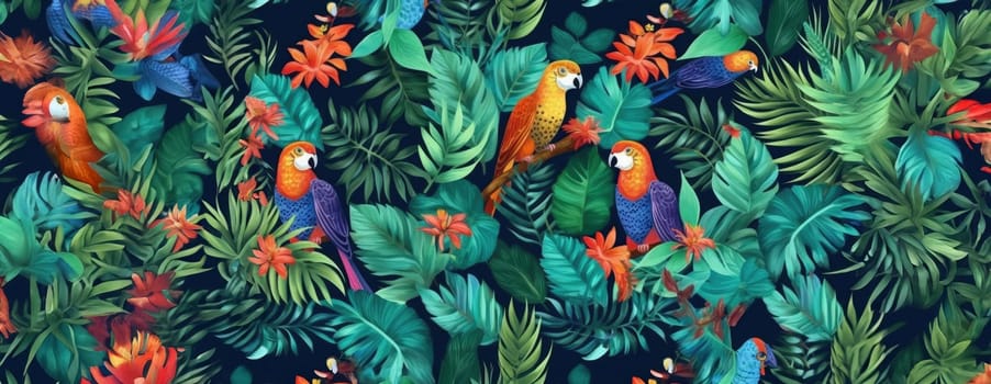 Tropical exotic pattern with animal and flowers in bright colors and lush vegetation. Ai Generative