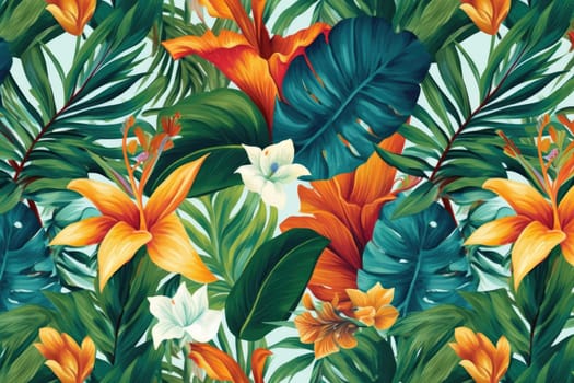 Tropical exotic pattern with animal and flowers in bright colors and lush vegetation. Ai Generative