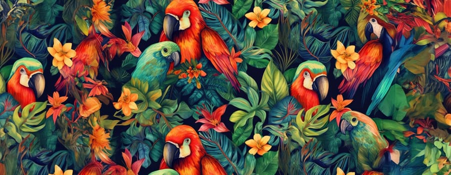 Tropical exotic pattern with animal and flowers in bright colors and lush vegetation. Ai Generative