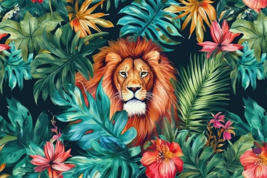 Tropical exotic pattern with animal and flowers in bright colors and lush vegetation. Ai Generative